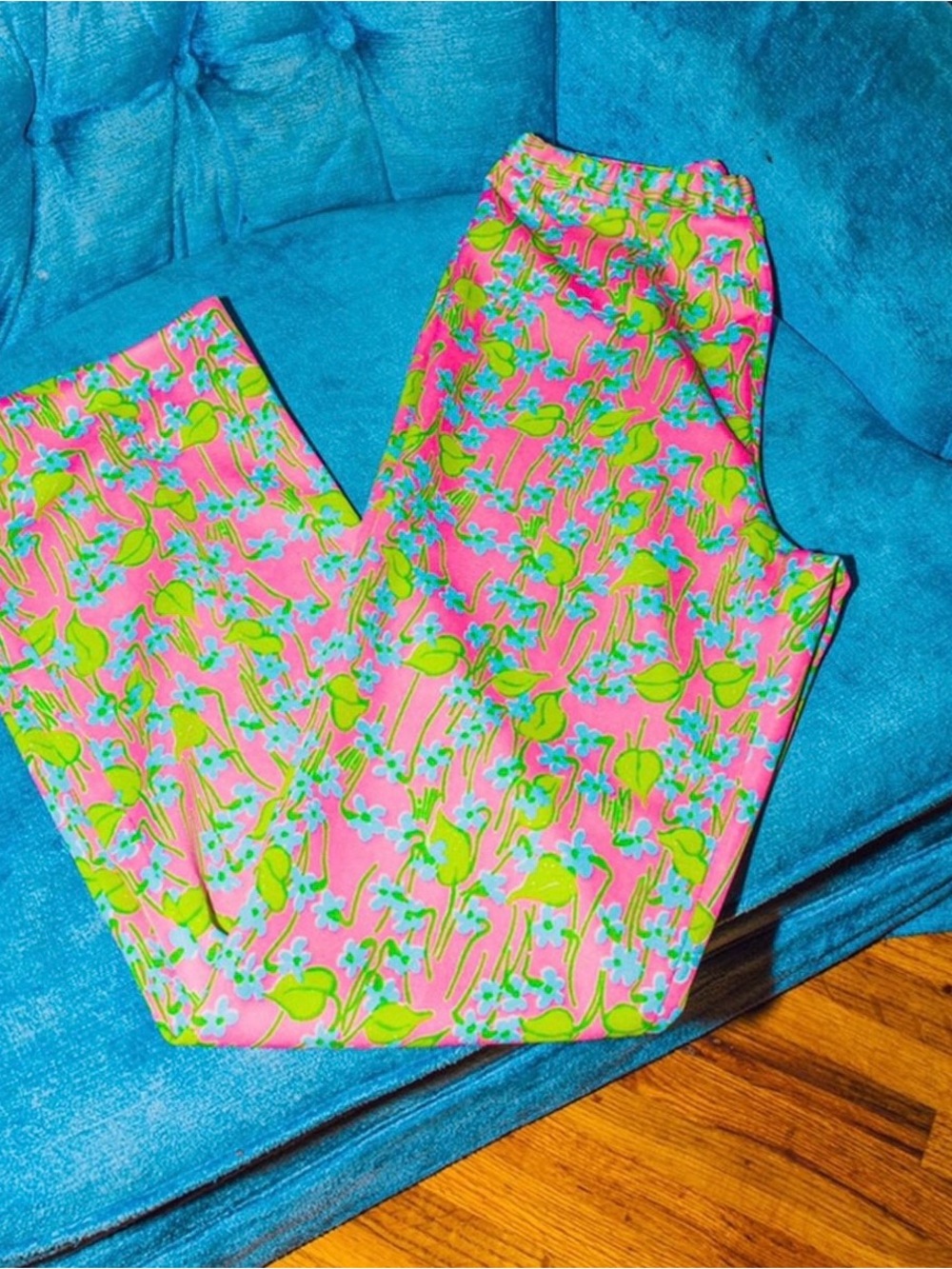 Lilly Pulitzer RARE Pink Floral Print Cigarette Pants Slacks Elastic Waistband